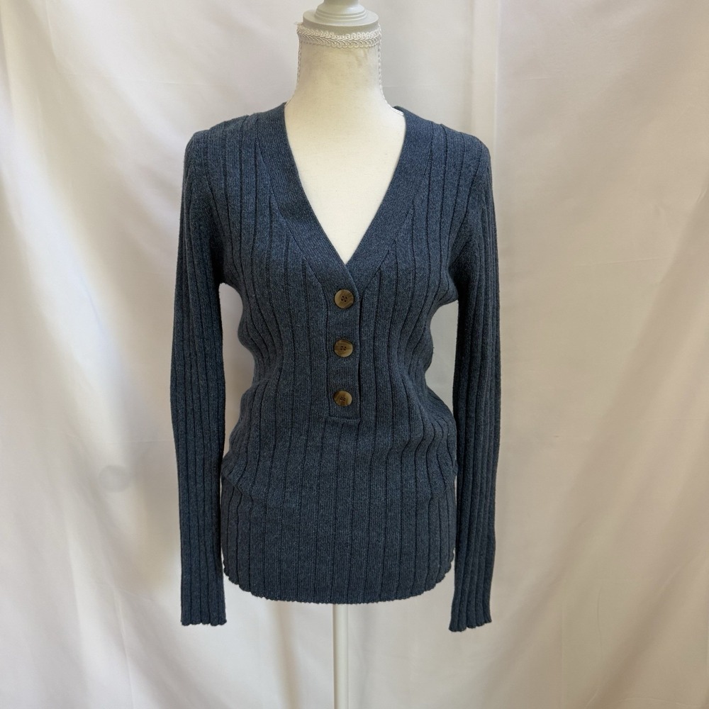 Sundance Modern Wonder Ribbed Henley Sweater M blue heather cotton silk